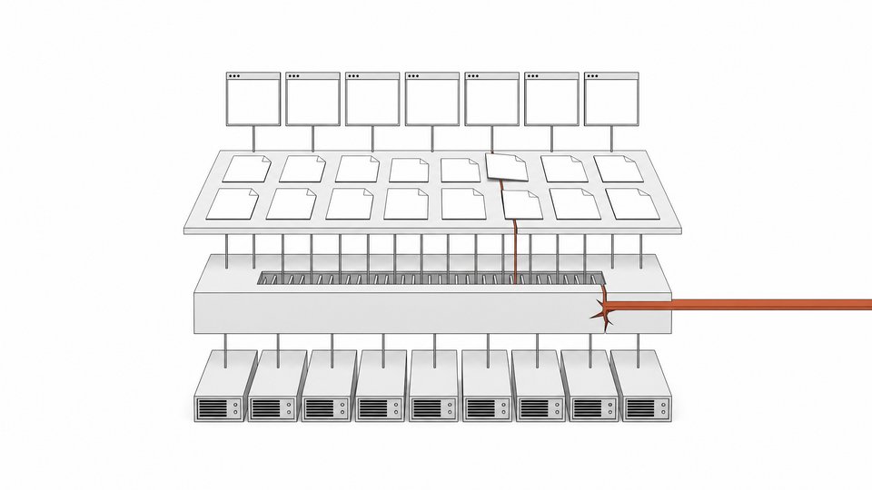 Cross-section diagram of a web hosting stack in which a single injected channel pierces the PHP interpreter layer beneath a grid of web pages, illustrating a critical PHP vulnerability.