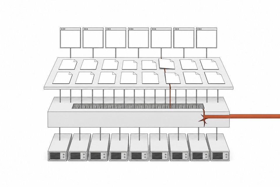 Cross-section diagram of a web hosting stack in which a single injected channel pierces the PHP interpreter layer beneath a grid of web pages, illustrating a critical PHP vulnerability.