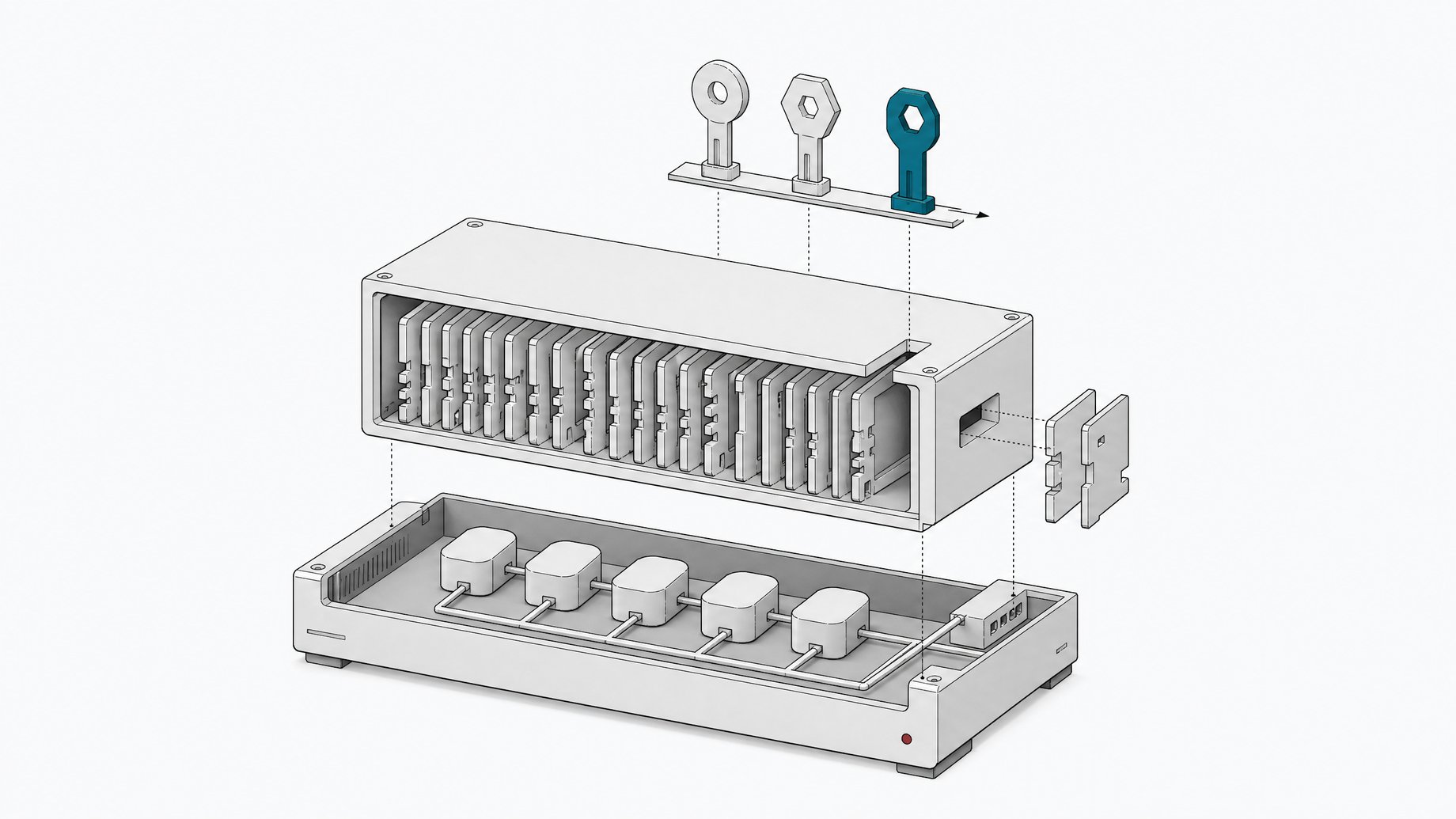 Exploded cutaway of a deployment platform's encrypted environment-variable store, with API key tokens being swapped for a replacement key to illustrate key rotation after a breach.