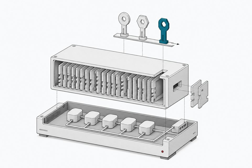 Exploded cutaway of a deployment platform's encrypted environment-variable store, with API key tokens being swapped for a replacement key to illustrate key rotation after a breach.