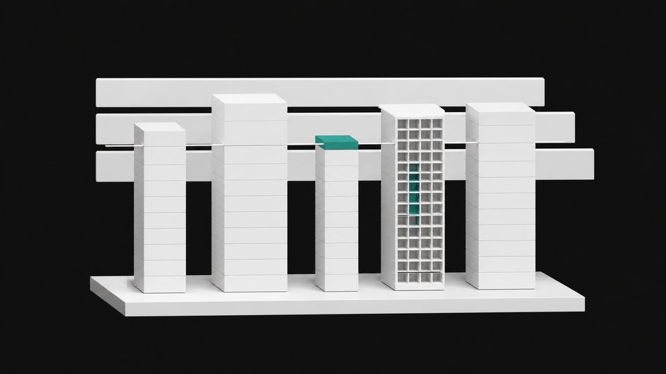 Five stacked-block towers of different heights and internal structure, standing for language models compared on benchmark scores, with a small central tower reaching close to the larger ones.