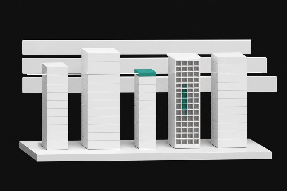 Five stacked-block towers of different heights and internal structure, standing for language models compared on benchmark scores, with a small central tower reaching close to the larger ones.