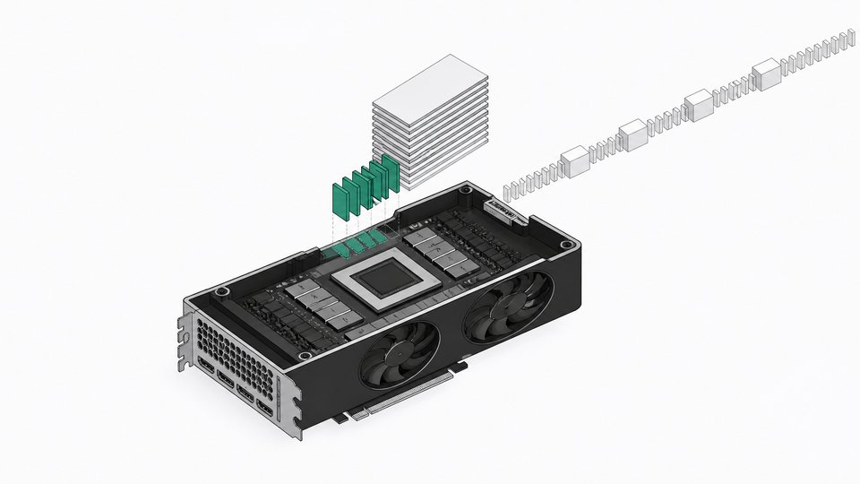 A cutaway graphics card with a stack of model slabs beside it, a few active expert slabs sliding into its memory, and a long ribbon of context tiles feeding in, illustrating a mixture-of-experts model running on one GPU.