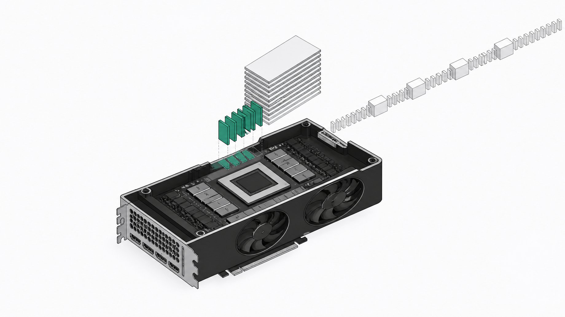 A cutaway graphics card with a stack of model slabs beside it, a few active expert slabs sliding into its memory, and a long ribbon of context tiles feeding in, illustrating a mixture-of-experts model running on one GPU.