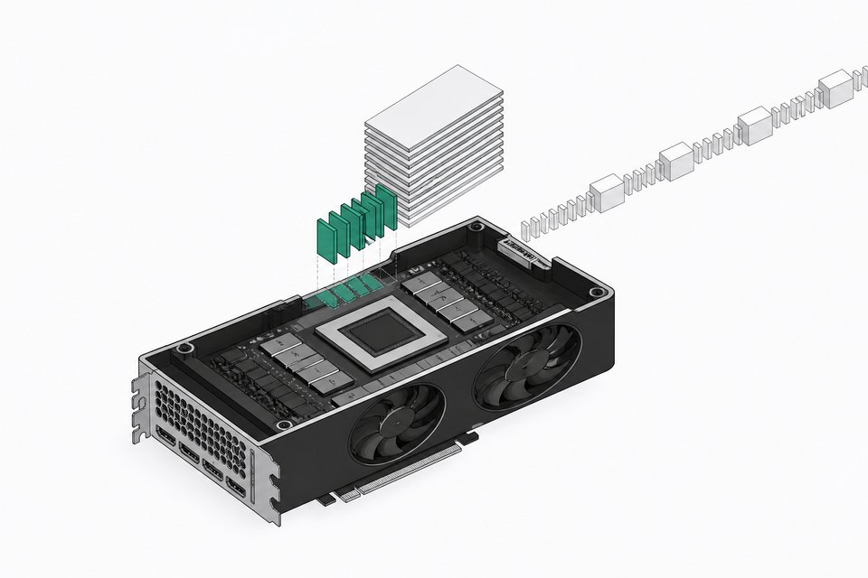 A cutaway graphics card with a stack of model slabs beside it, a few active expert slabs sliding into its memory, and a long ribbon of context tiles feeding in, illustrating a mixture-of-experts model running on one GPU.