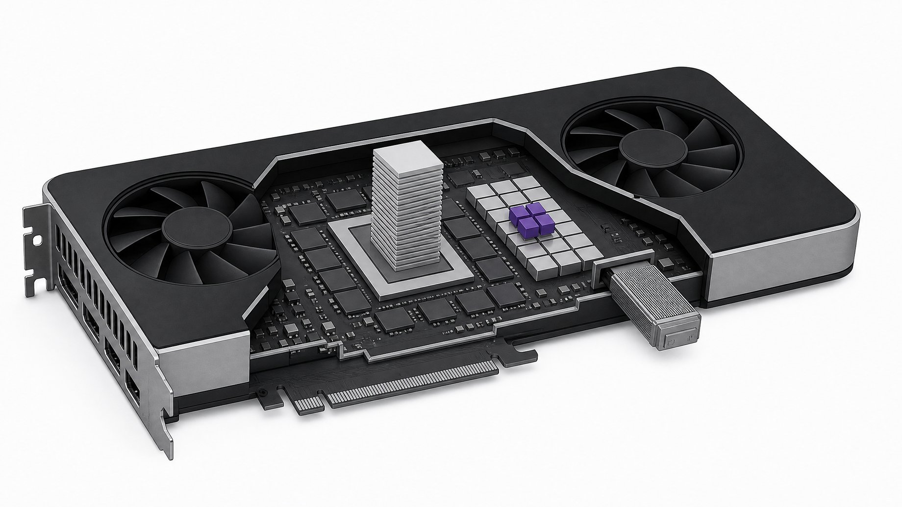 A cutaway graphics card with a compact grid of mixture-of-experts cells in which only a few are raised, next to a thin stacked KV cache and a densely packed quantized weight cartridge.