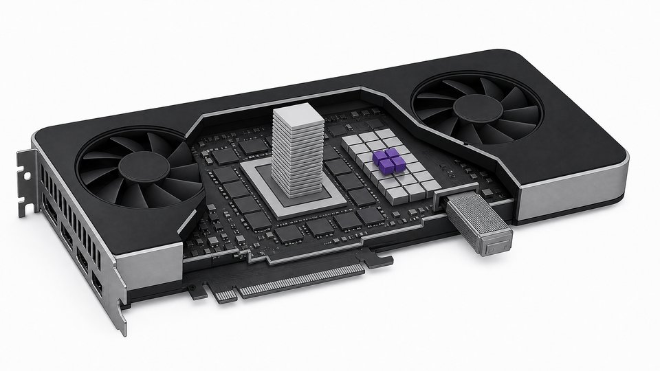 A cutaway graphics card with a compact grid of mixture-of-experts cells in which only a few are raised, next to a thin stacked KV cache and a densely packed quantized weight cartridge.