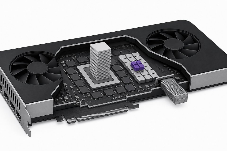 A cutaway graphics card with a compact grid of mixture-of-experts cells in which only a few are raised, next to a thin stacked KV cache and a densely packed quantized weight cartridge.