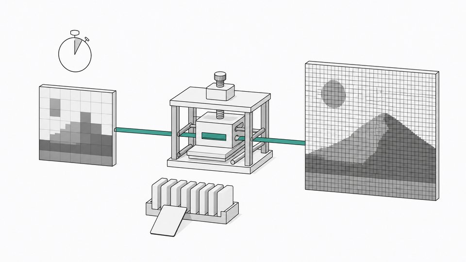 A coarse low-resolution draft tile passes through an open enhance mechanism and becomes a fine high-resolution image, with a stopwatch dial and a rack of style cards, illustrating Recraft V4.1 Flash's fast draft-and-enhance flow.