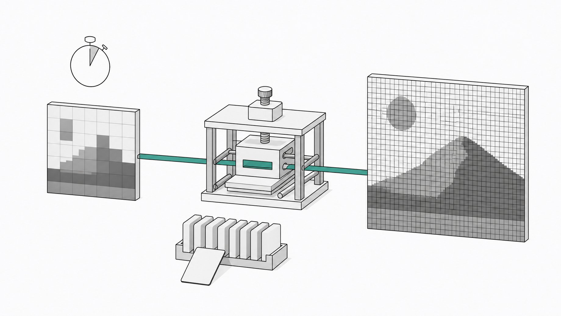 A coarse low-resolution draft tile passes through an open enhance mechanism and becomes a fine high-resolution image, with a stopwatch dial and a rack of style cards, illustrating Recraft V4.1 Flash's fast draft-and-enhance flow.