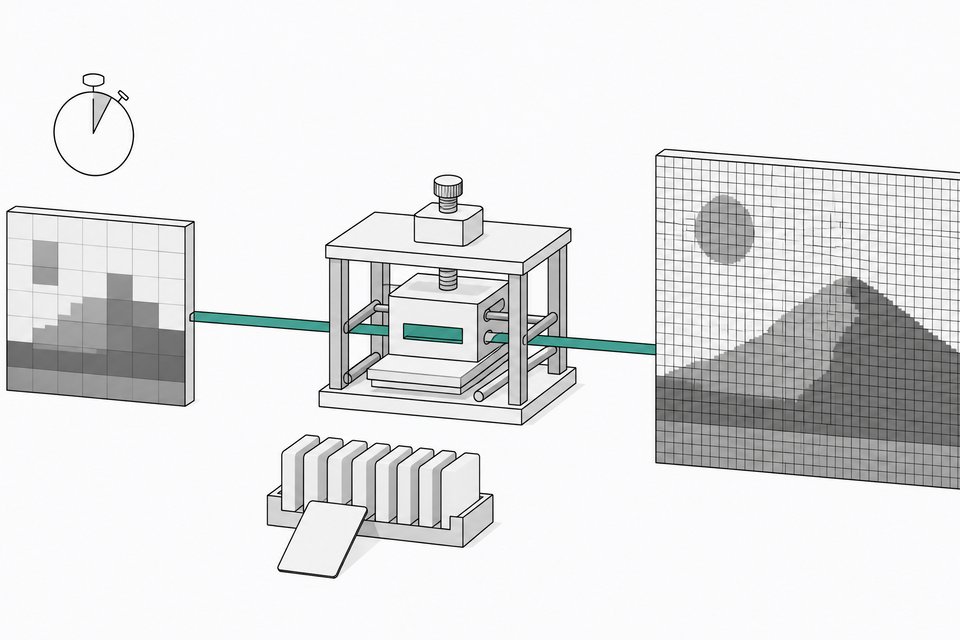 A coarse low-resolution draft tile passes through an open enhance mechanism and becomes a fine high-resolution image, with a stopwatch dial and a rack of style cards, illustrating Recraft V4.1 Flash's fast draft-and-enhance flow.