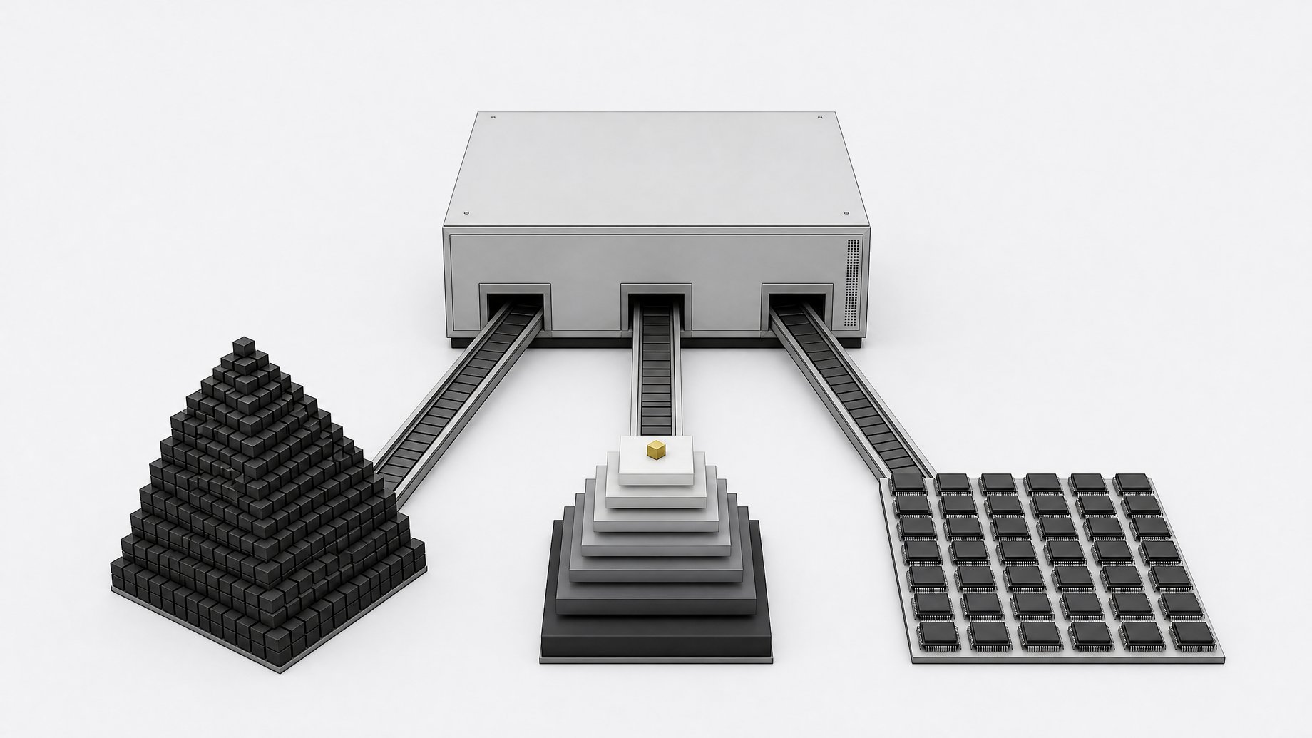 A central design machine feeding three outputs: a stepped stack of shrinking quantization slabs, a pyramid of cubes for the model, and a grid of kernel tiles, with one small core highlighted.
