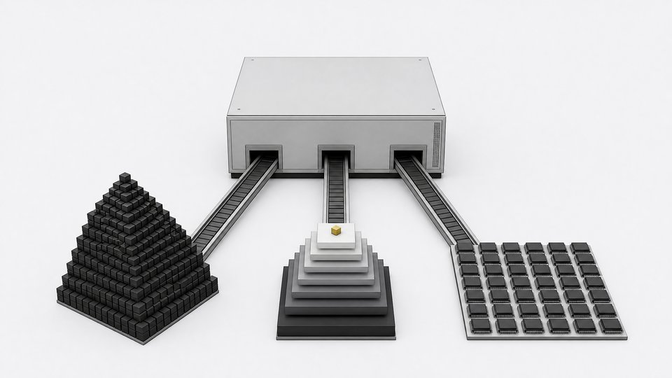 A central design machine feeding three outputs: a stepped stack of shrinking quantization slabs, a pyramid of cubes for the model, and a grid of kernel tiles, with one small core highlighted.