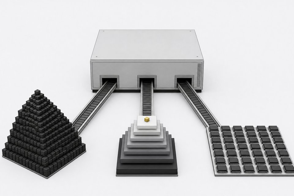 A central design machine feeding three outputs: a stepped stack of shrinking quantization slabs, a pyramid of cubes for the model, and a grid of kernel tiles, with one small core highlighted.