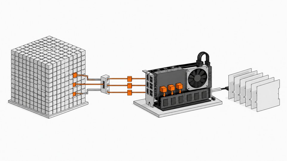 Diagram-style illustration of a mixture-of-experts coding model, with a large block of parameters routed so only a few active experts load into a local GPU and memory assembly that produces code output.