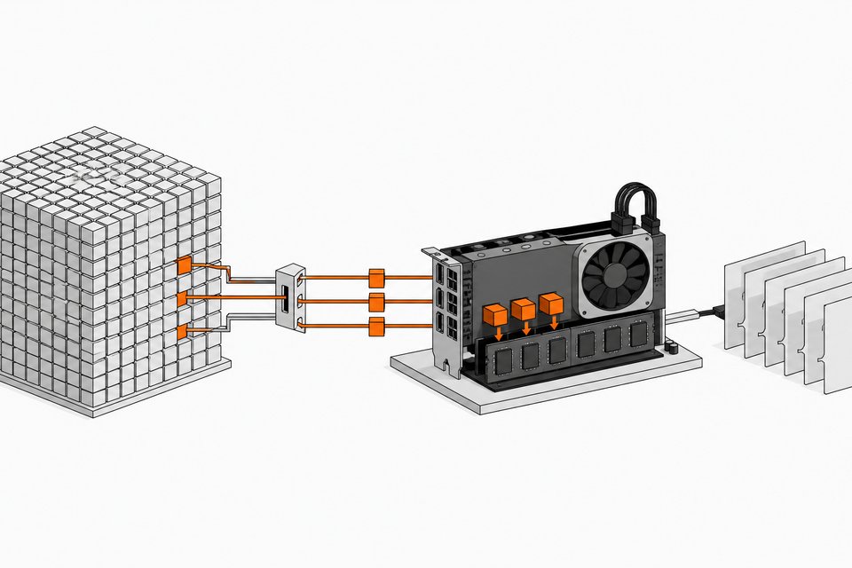Diagram-style illustration of a mixture-of-experts coding model, with a large block of parameters routed so only a few active experts load into a local GPU and memory assembly that produces code output.