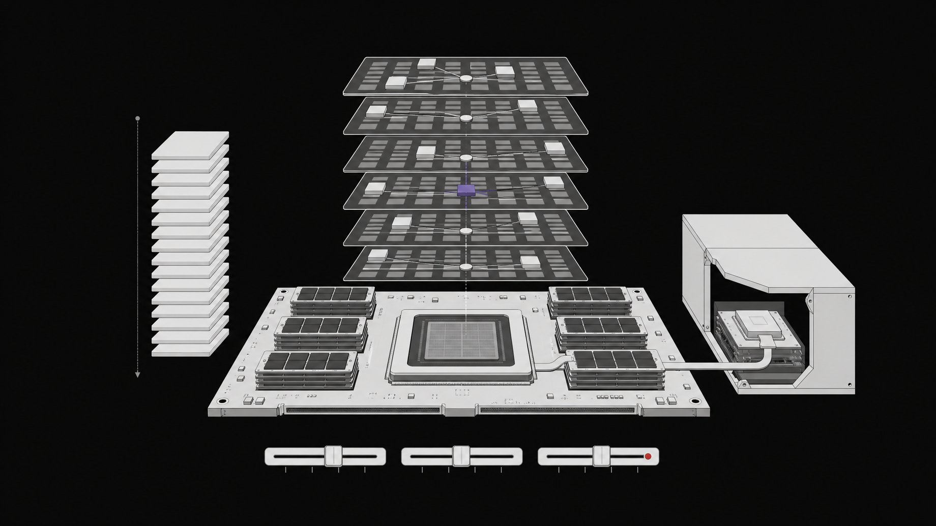 Exploded cutaway of a GPU accelerator module showing a mixture-of-experts model's layers, weight shards loading into memory, and a containerized inference server for self-hosting a coding model.