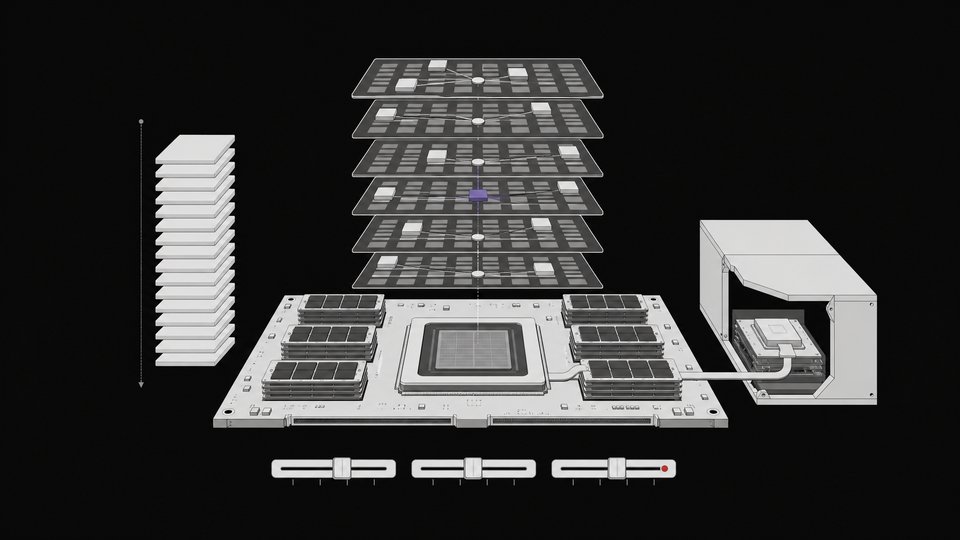 Exploded cutaway of a GPU accelerator module showing a mixture-of-experts model's layers, weight shards loading into memory, and a containerized inference server for self-hosting a coding model.