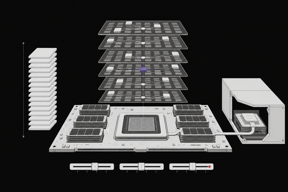 Exploded cutaway of a GPU accelerator module showing a mixture-of-experts model's layers, weight shards loading into memory, and a containerized inference server for self-hosting a coding model.
