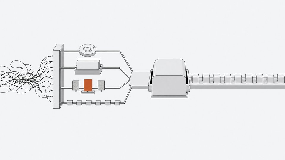 A pipeline diagram in which a tangled prompt becomes four ordered inputs (goal, knowledge base, gold-standard example, SOP steps) feeding a work module that outputs a steady stream of uniform results, illustrating role engineering for Claude.