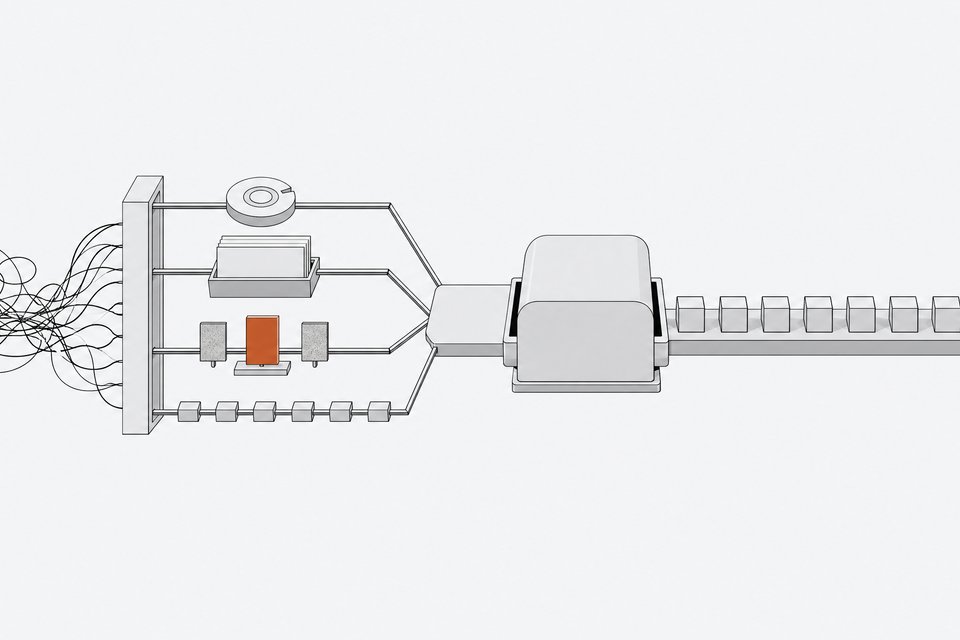 A pipeline diagram in which a tangled prompt becomes four ordered inputs (goal, knowledge base, gold-standard example, SOP steps) feeding a work module that outputs a steady stream of uniform results, illustrating role engineering for Claude.