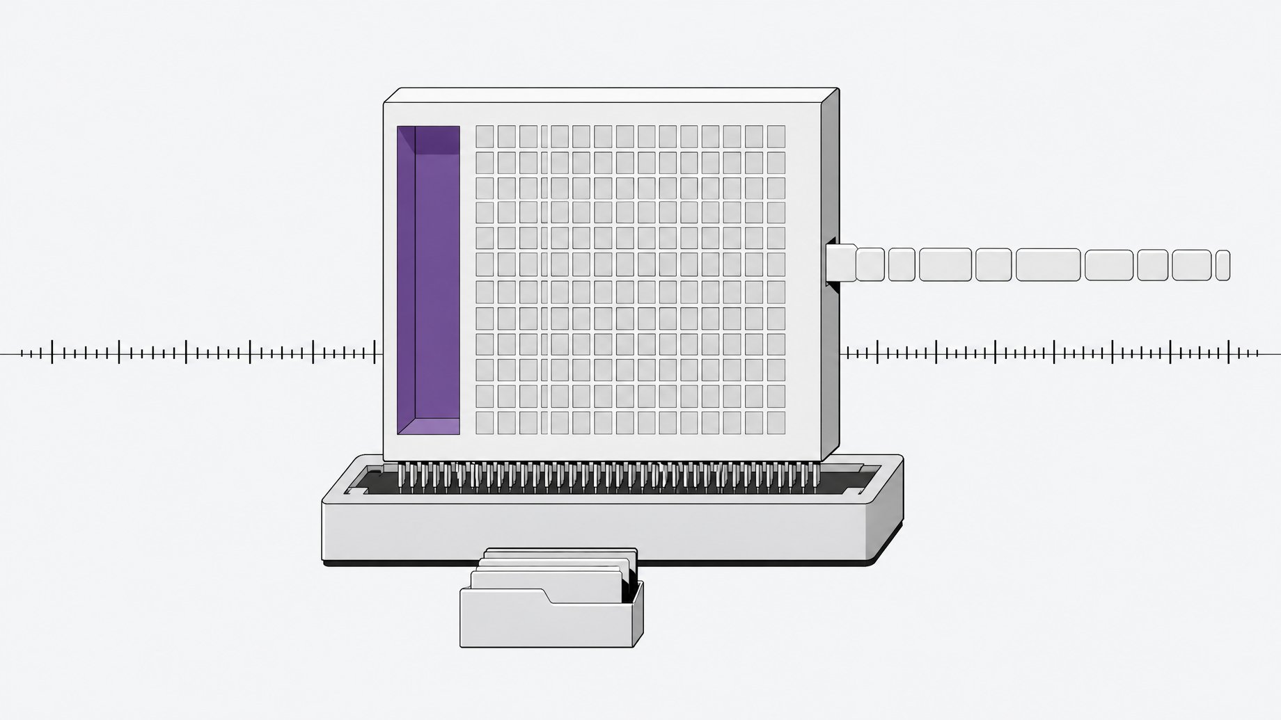 A large model-weights block plugged into a dock with an empty, accented slot where a chat template would sit, a token ribbon feeding straight in, and a long context ruler behind it.