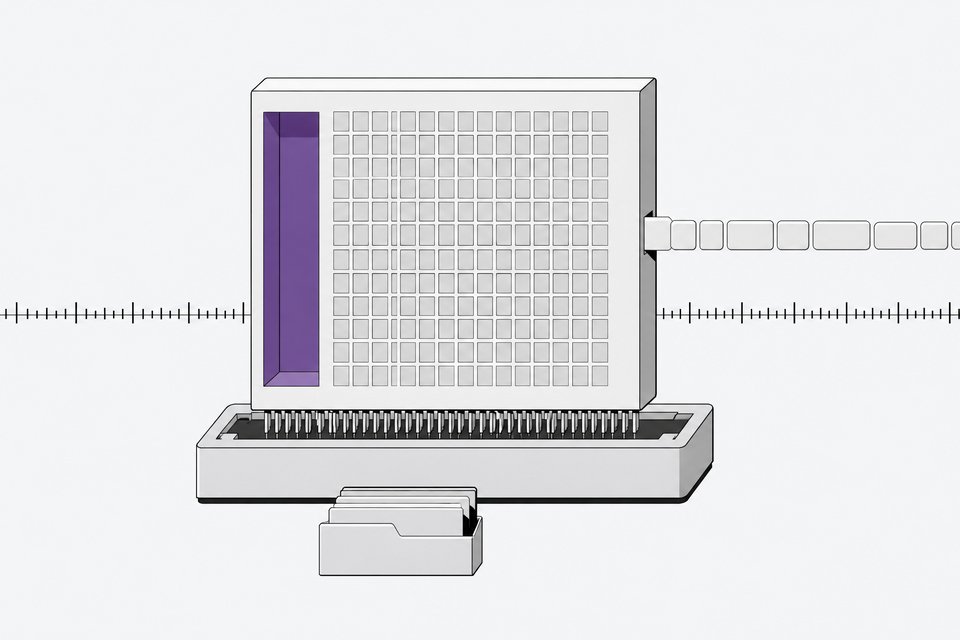 A large model-weights block plugged into a dock with an empty, accented slot where a chat template would sit, a token ribbon feeding straight in, and a long context ruler behind it.