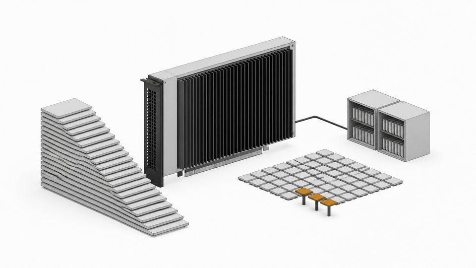 Illustration of a large accelerator card serving a mixture-of-experts model, with a few active tiles lifted from a grid of dormant ones, feeding a memory store for Mem0 or MemOS.