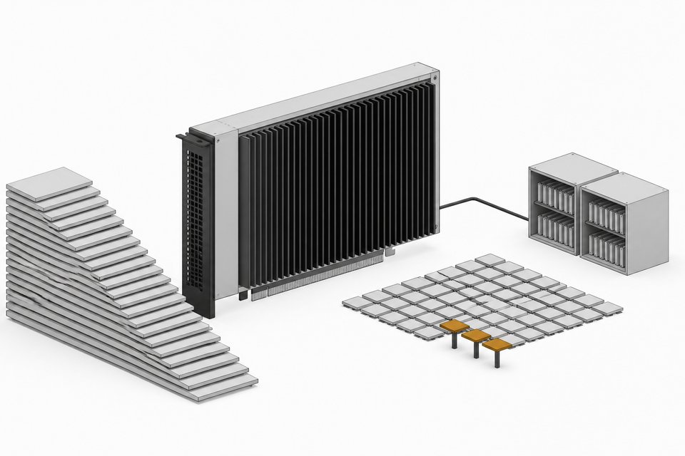 Illustration of a large accelerator card serving a mixture-of-experts model, with a few active tiles lifted from a grid of dormant ones, feeding a memory store for Mem0 or MemOS.