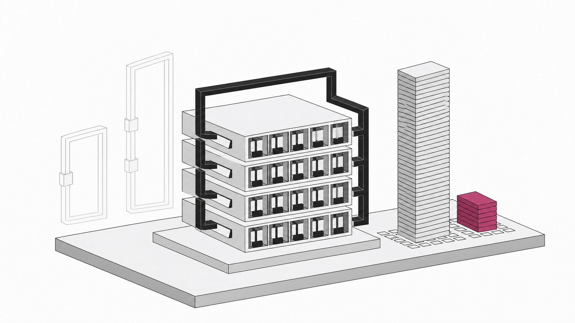 Cutaway diagram of a four-layer language model with a loop-back path, shown beside a tall full KV cache column and a short last-loop-only cache column on a unified-memory chip.