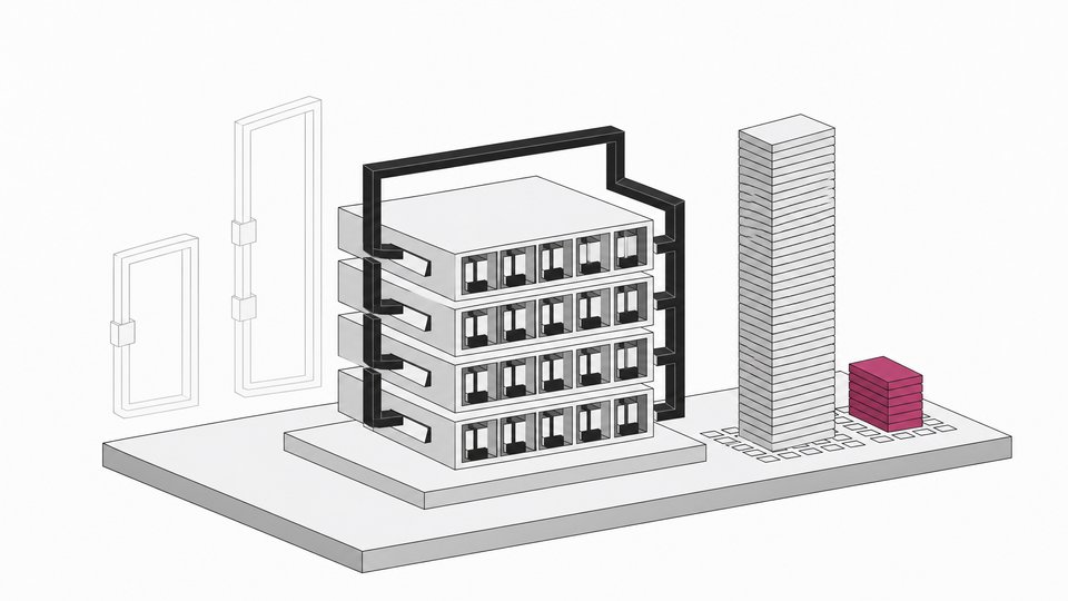 Cutaway diagram of a four-layer language model with a loop-back path, shown beside a tall full KV cache column and a short last-loop-only cache column on a unified-memory chip.