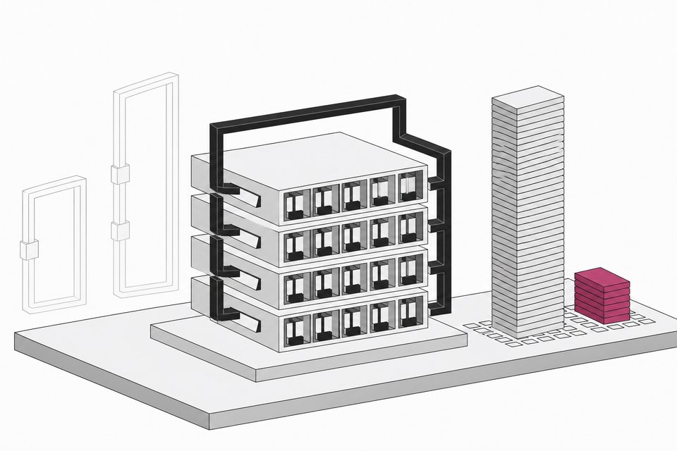Cutaway diagram of a four-layer language model with a loop-back path, shown beside a tall full KV cache column and a short last-loop-only cache column on a unified-memory chip.