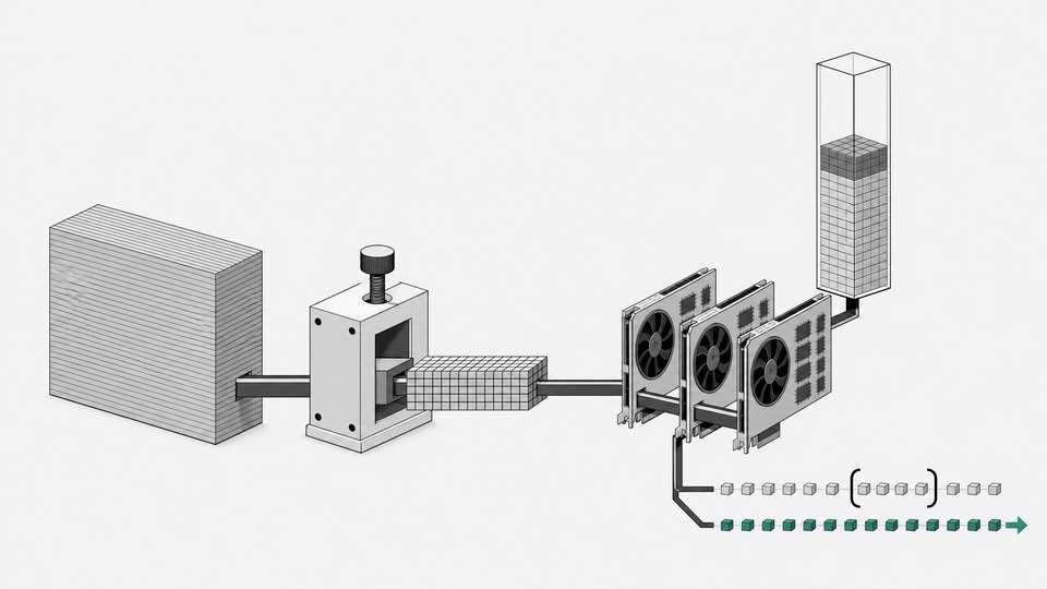 Diagram-style illustration of a large language model compressed into a quantized GGUF file, loaded across three GPUs with a VRAM fill gauge, and its output split into reasoning and final answer streams.