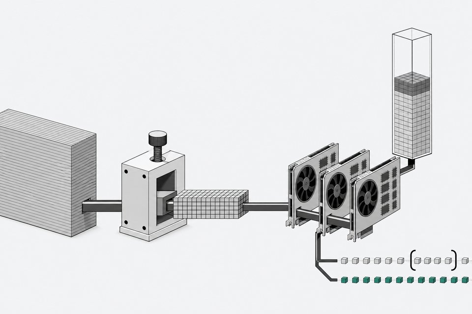 Diagram-style illustration of a large language model compressed into a quantized GGUF file, loaded across three GPUs with a VRAM fill gauge, and its output split into reasoning and final answer streams.