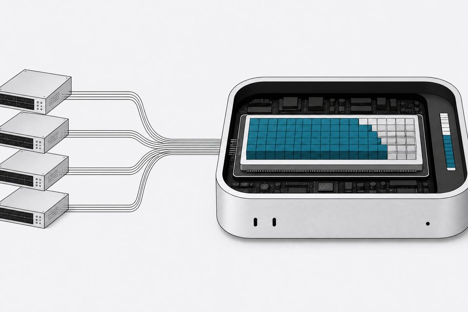 Cutaway diagram of workloads flowing from many cloud machine racks into a single compact Mac whose unified memory block holds a local language model.