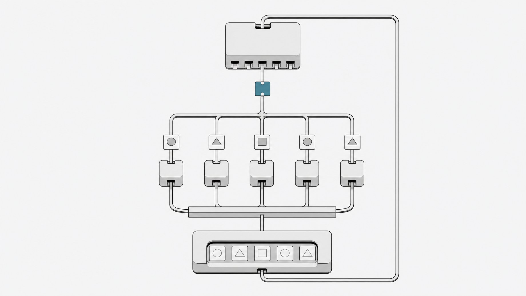 Diagram-style illustration of an orchestrator node spawning five parallel subagent modules, their outputs converging through a verification gate and looping back to the orchestrator.