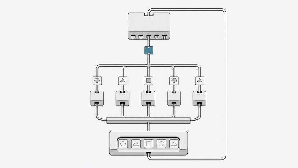 Diagram-style illustration of an orchestrator node spawning five parallel subagent modules, their outputs converging through a verification gate and looping back to the orchestrator.
