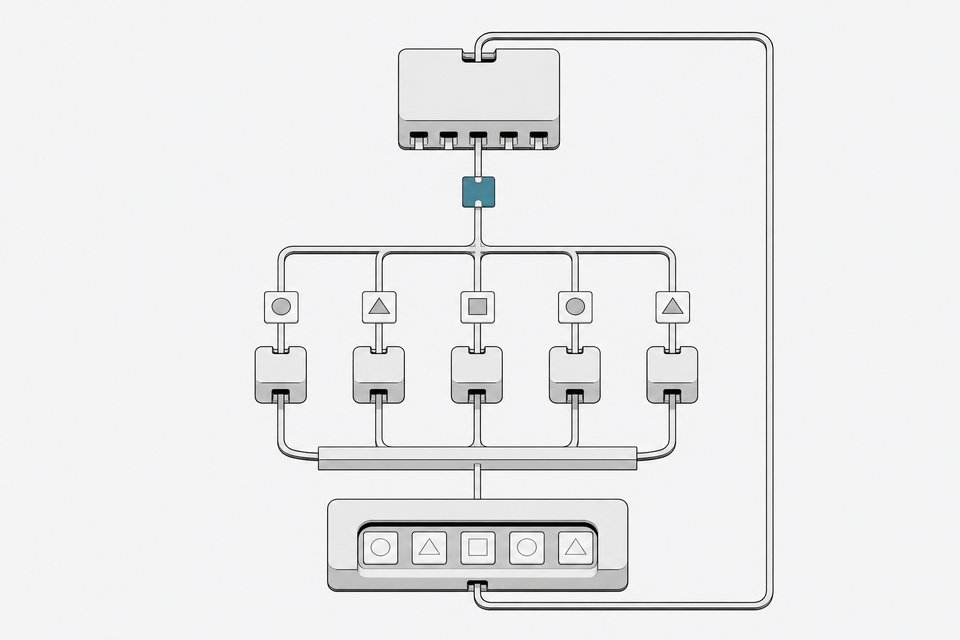 Diagram-style illustration of an orchestrator node spawning five parallel subagent modules, their outputs converging through a verification gate and looping back to the orchestrator.