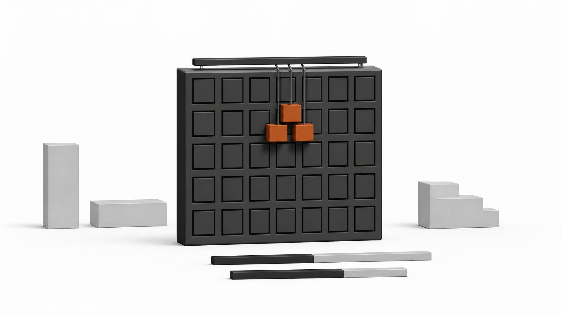 A dense mixture-of-experts model block with a few active expert cells highlighted, set before three simpler reference blocks and two benchmark gauge bars.