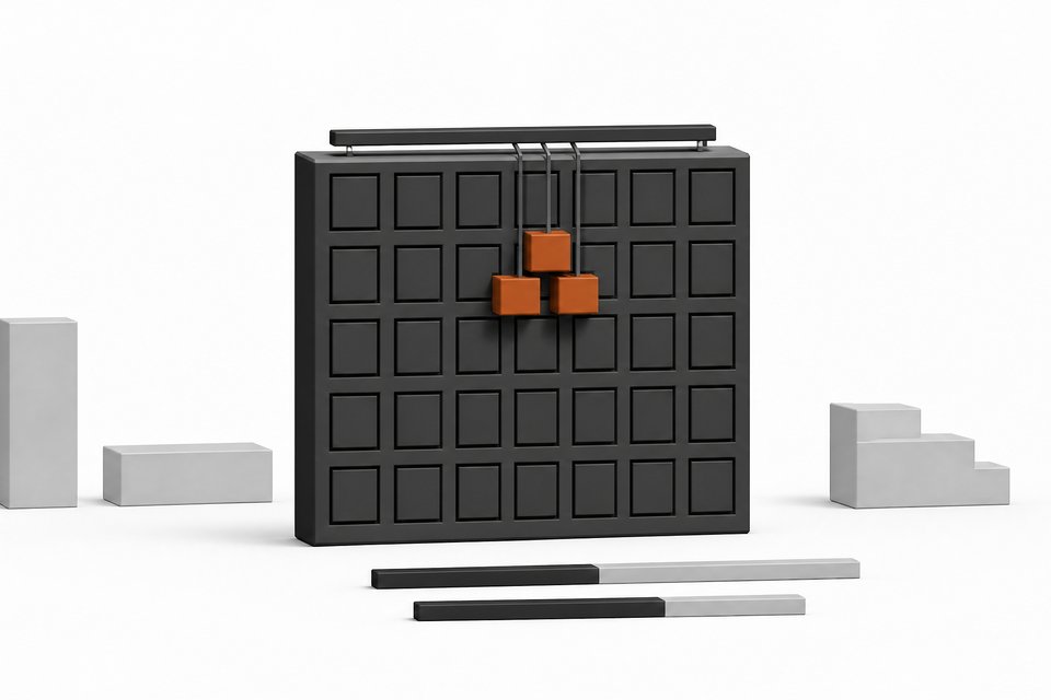 A dense mixture-of-experts model block with a few active expert cells highlighted, set before three simpler reference blocks and two benchmark gauge bars.
