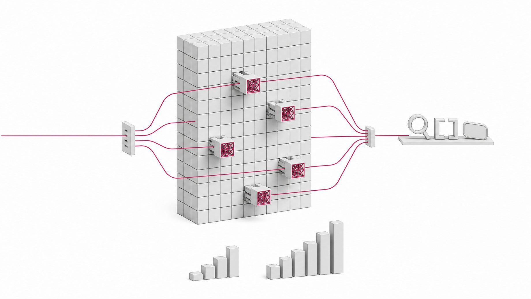 Diagram-like illustration of a 35B mixture-of-experts model as a grid of cubes with a few active expert modules pulled forward by a router, feeding agent tool tokens.