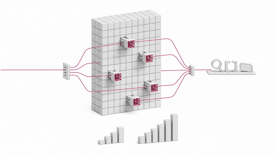Diagram-like illustration of a 35B mixture-of-experts model as a grid of cubes with a few active expert modules pulled forward by a router, feeding agent tool tokens.