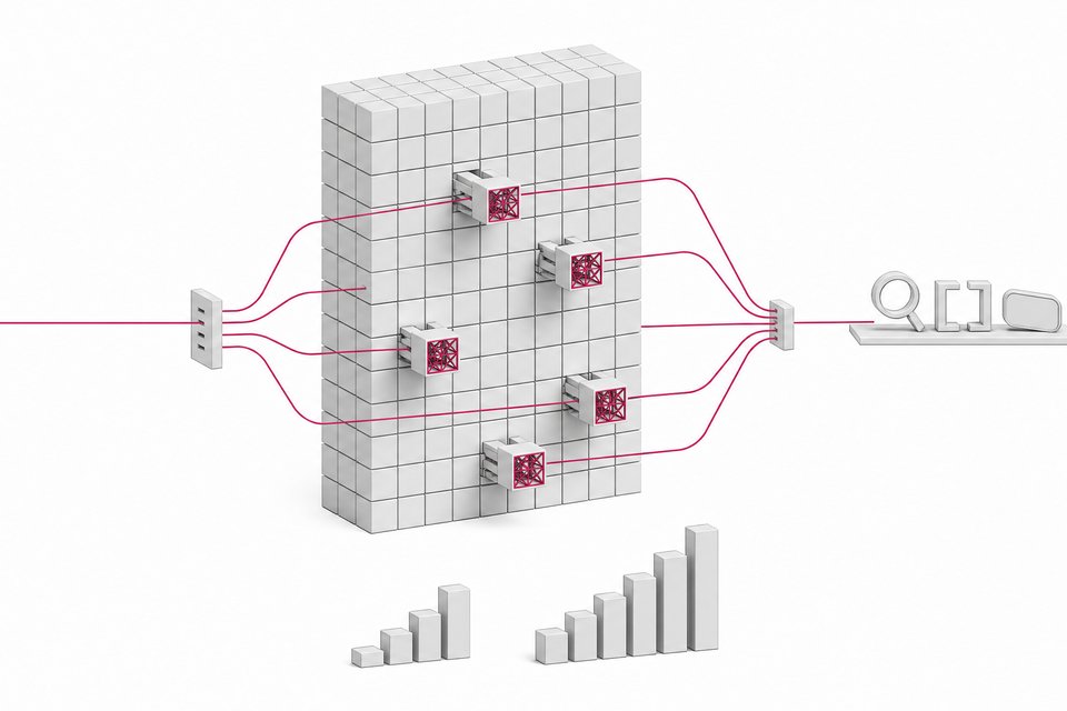 Diagram-like illustration of a 35B mixture-of-experts model as a grid of cubes with a few active expert modules pulled forward by a router, feeding agent tool tokens.