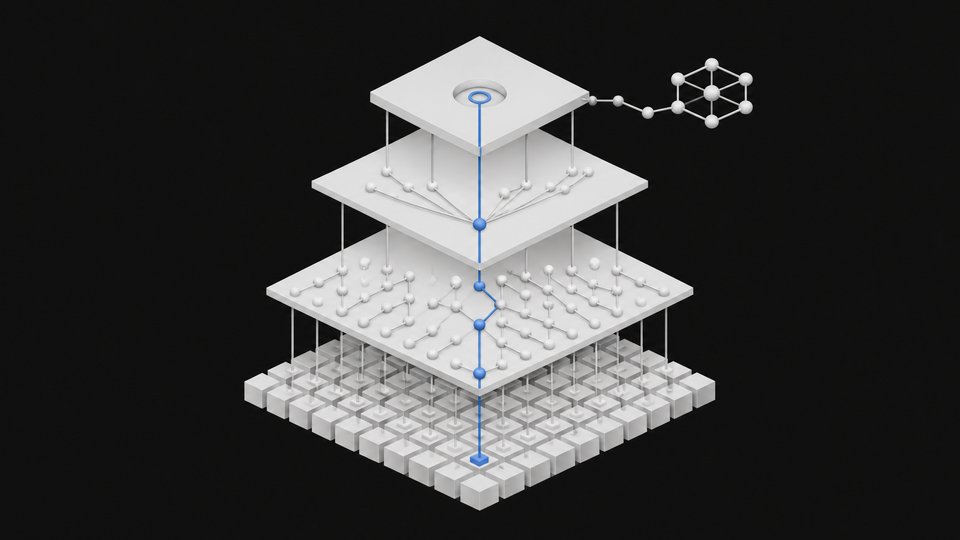 Isometric layered diagram of a mathematical proof structure, with one highlighted path of nodes rising from a base lattice of axioms through a derivation graph to a conclusion.