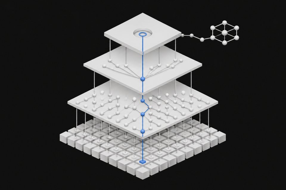 Isometric layered diagram of a mathematical proof structure, with one highlighted path of nodes rising from a base lattice of axioms through a derivation graph to a conclusion.