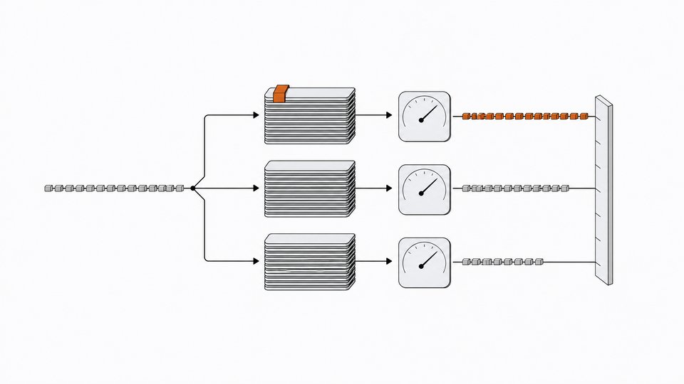 Three equal small language models in a row, each fed by the same token stream and measured on a shared output bar with efficiency gauges, comparing Spark-X2.6-4B against Qwen3.5-4B and Gemma-E4B.