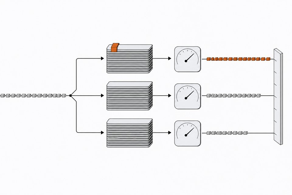 Three equal small language models in a row, each fed by the same token stream and measured on a shared output bar with efficiency gauges, comparing Spark-X2.6-4B against Qwen3.5-4B and Gemma-E4B.