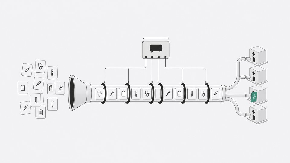 A pipeline diagram of an AI-tutored healthcare training program: blank skill cards pass through five program-stage rings under a tutor module and arrive at hospital-shaped sockets representing partner health systems.