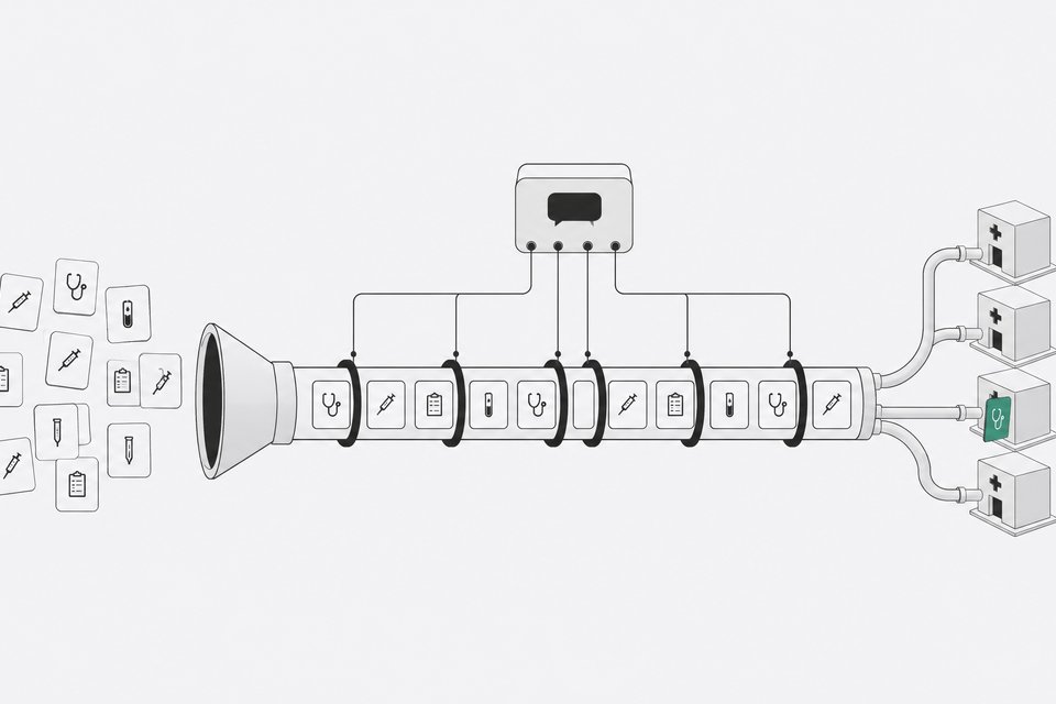A pipeline diagram of an AI-tutored healthcare training program: blank skill cards pass through five program-stage rings under a tutor module and arrive at hospital-shaped sockets representing partner health systems.