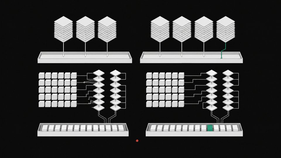 Exploded cutaway of a GPU matrix-multiplication kernel where adding a request to a batch changes the order of summation and flips one output token.